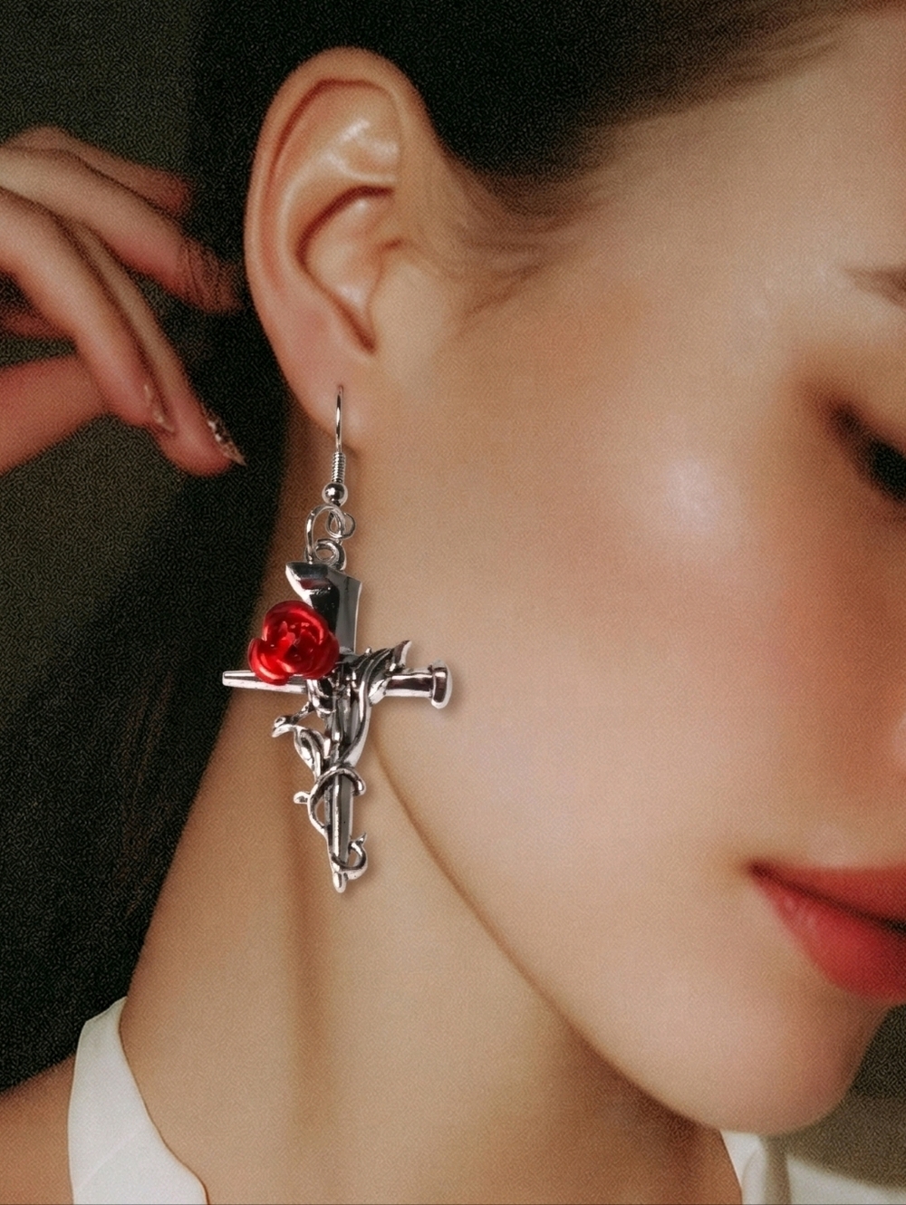 Gothic Cross Earrings Red Rose Thorn Silver Dangle Vampire Punk Goth Jewelry